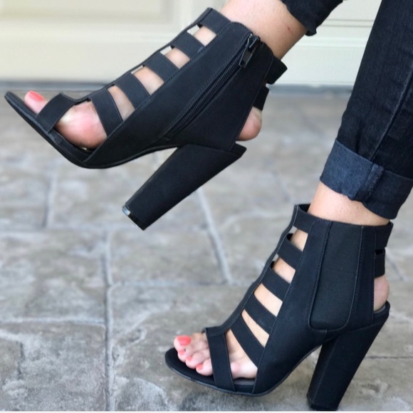 Mat Black Caged Strappy Block Heel Sandal - Picture 2 of 5